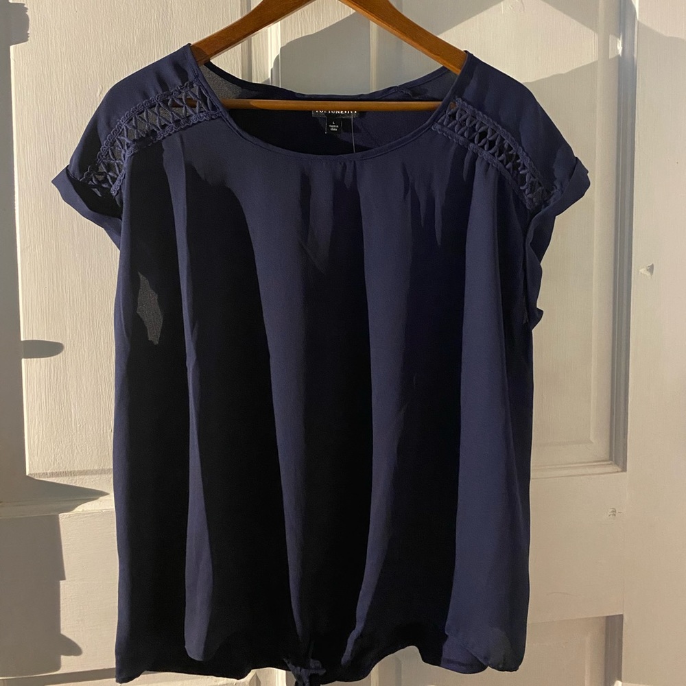 Women’s Navy Blue Short-Sleeve Blouse with Lace Yoke